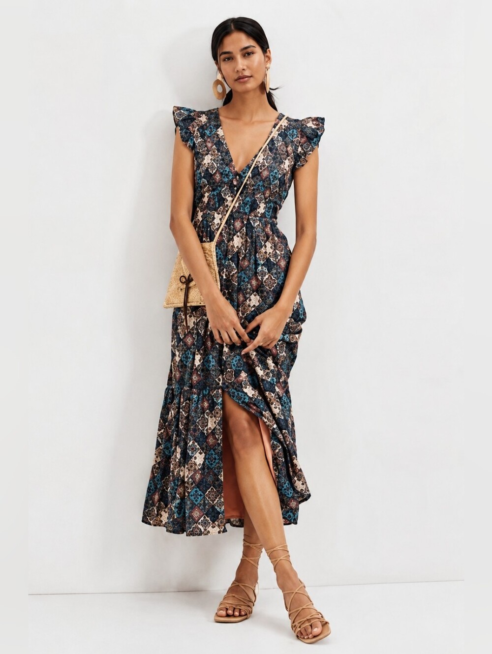 Anthropologie Maeve Patchwork Boho Cotton Modal Smocked Midi Dress